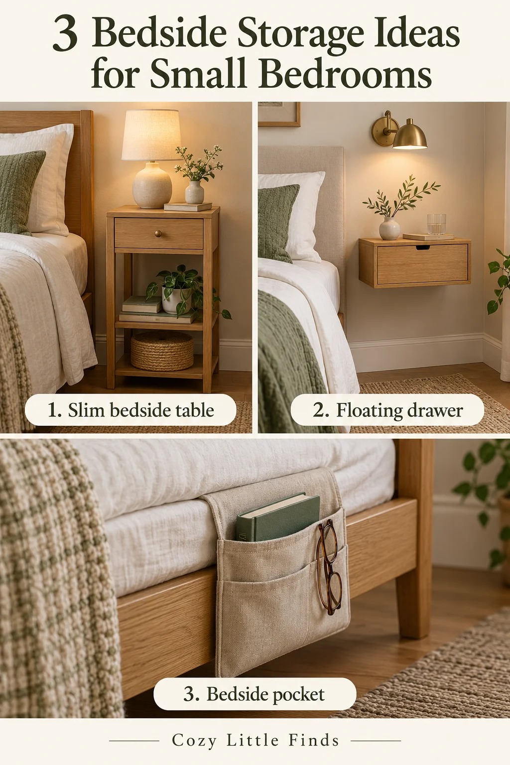 Three compact bedside-storage arrangements