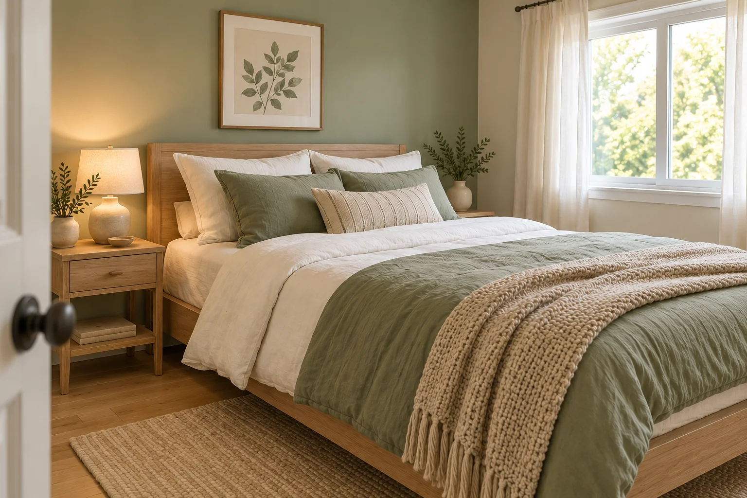 An ivory and sage bedroom with oak furniture and an oatmeal throw